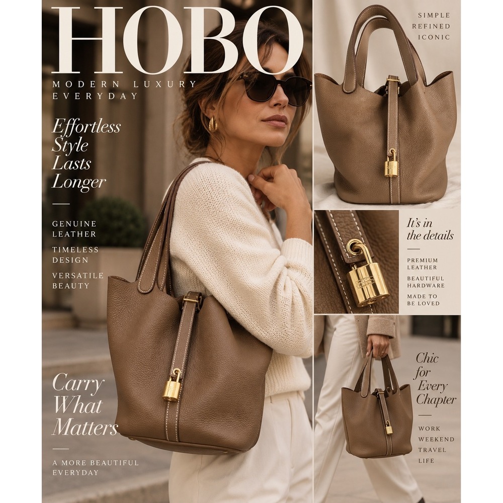 Genuine Leather Slouchy Bucket Tote Taupe Lock Hobo Quiet Luxury Bag